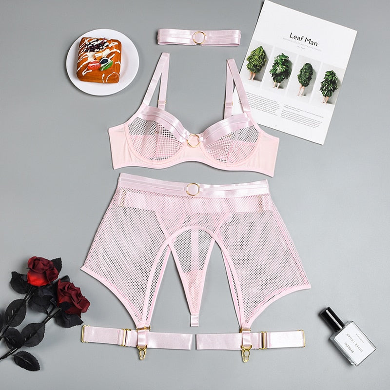 ADAH - 4 PIECE Transparent Lace Mesh Bustier SET