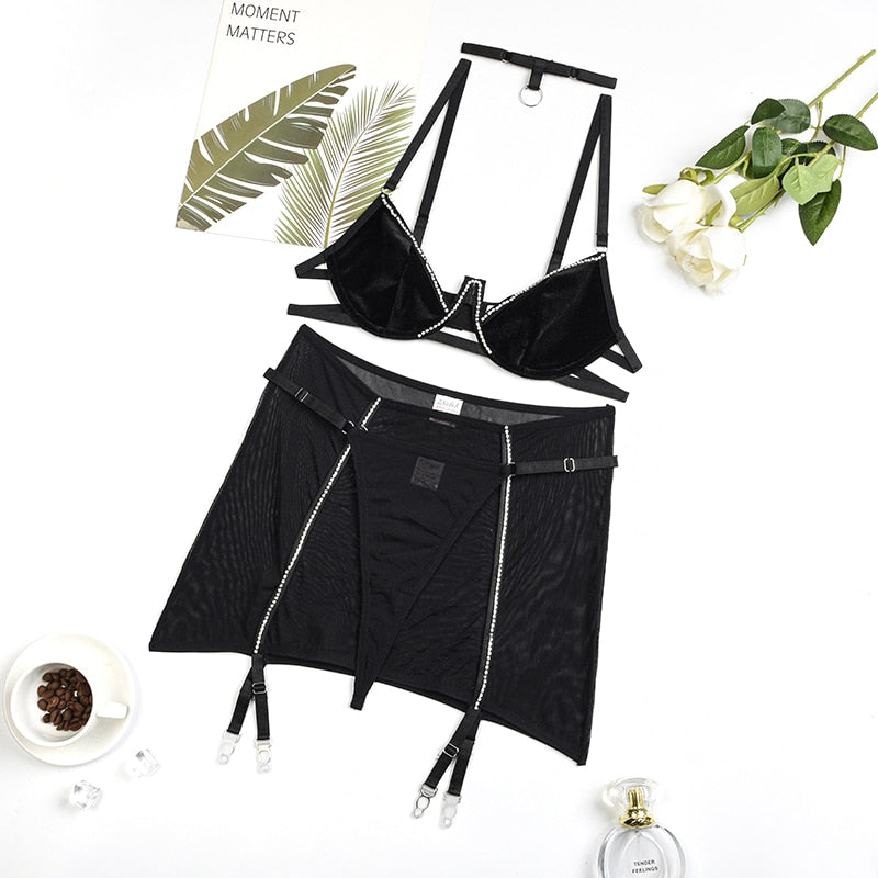 SAVA - 2 PIECE Velvet Rhinestone Bustier SET