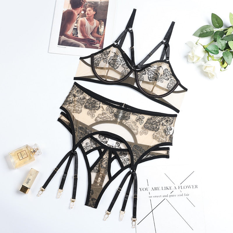 LUX - 3 PIECE Embroidery Transparent Bustier SET