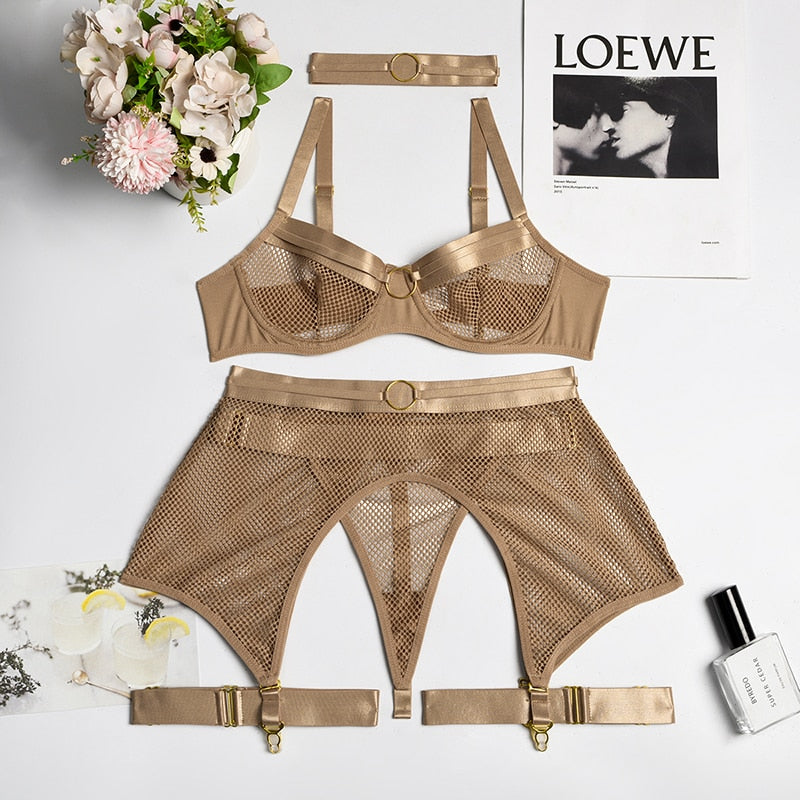 ADAH - 4 PIECE Transparent Lace Mesh Bustier SET